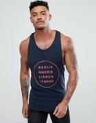 Asos Design Muscle Extreme Racer Tank In Navy With City Print - Navy