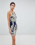 Love Triangle Lace Overlay Cami Dress With Lace Up Back In Gold - Gold