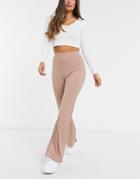 Club L London Ribbed Wide Leg Pants In Camel - Part Of A Set-neutral