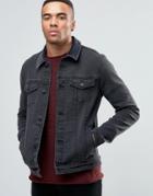 Asos Skinny Fit Denim Jacket With Cord Collar In Black - Black