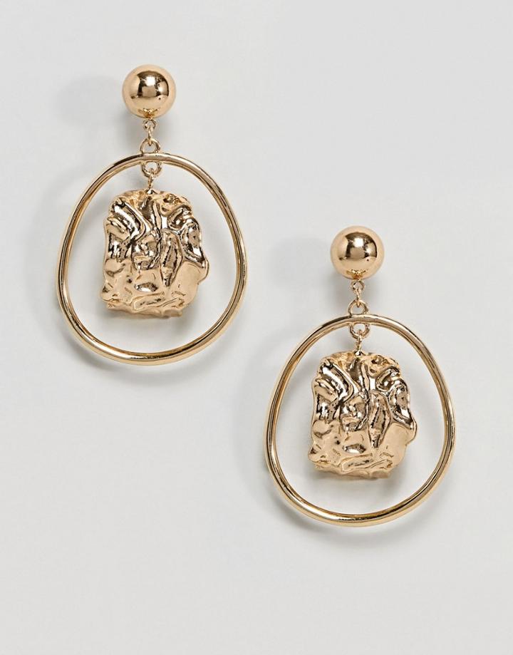 Asos Design Hammered Shape And Circle Drop Earrings - Gold