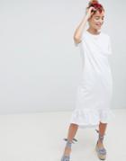 Asos Design Midi T-shirt Dress With Broderie Drop Hem - White