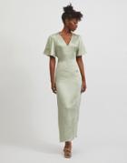 Vila Bridesmaid Maxi Dress With Flutter Sleeves And Tie Waist In Green Satin