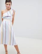 Asos Design One Shoulder Pastel Stripe Midi Dress - Multi