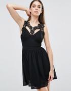 Club L Crochet Top Skater Dress With Pleat Detail - Black