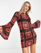 Asos Design Flare Sleeve Crochet Mini Dress In Black With Pink And Orange Square-white