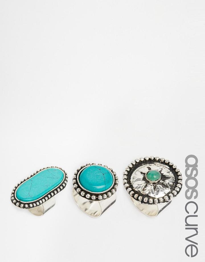 Asos Pack Of 3 Curve Western Stone Rings - Turquoise