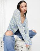Asos Design Cardigan With Wavy Pattern In Blue