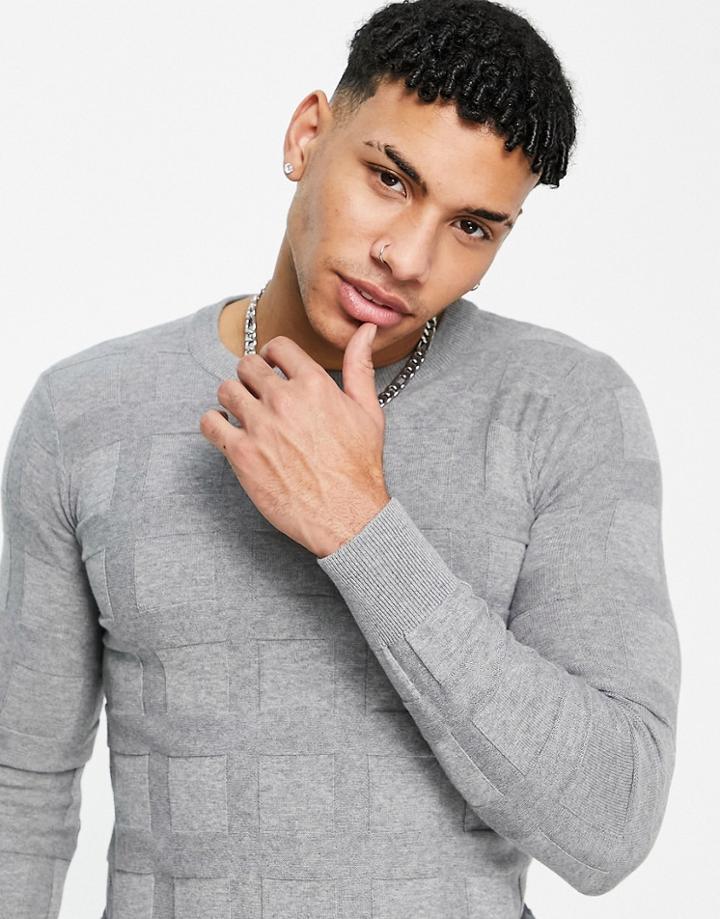 Gianni Feraud Windowpane Jacquard Muscle Fit Crew Neck Sweater-gray