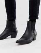 Asos Design Stacked Heel Western Boots In Black Leather With Lightning Detail - Black