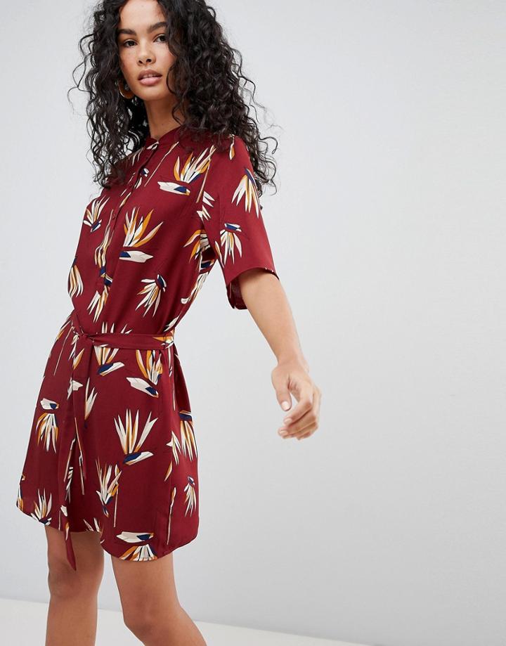 Only Olana Floral Print Belted Shirt Dress - Red