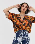 Asos Design Short Sleeve Satin Shirt In Flame Print - Multi