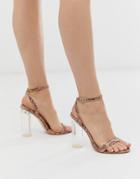 Public Desire Snakeskin Barely There Sandal With Clear Heel - Beige