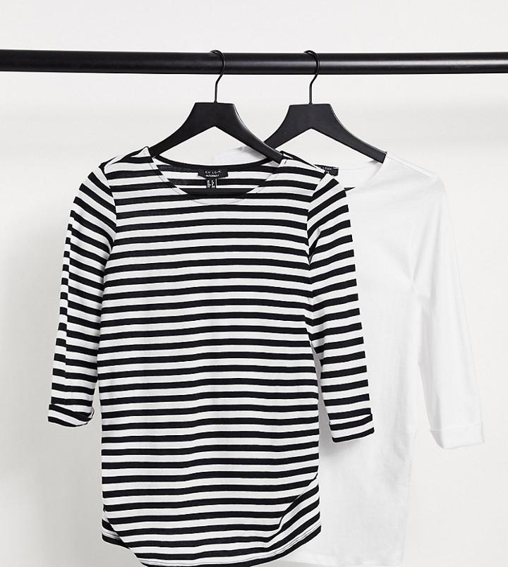 New Look Maternity 2 Pack 3/4 Sleeve Top In White & Stripe-multi