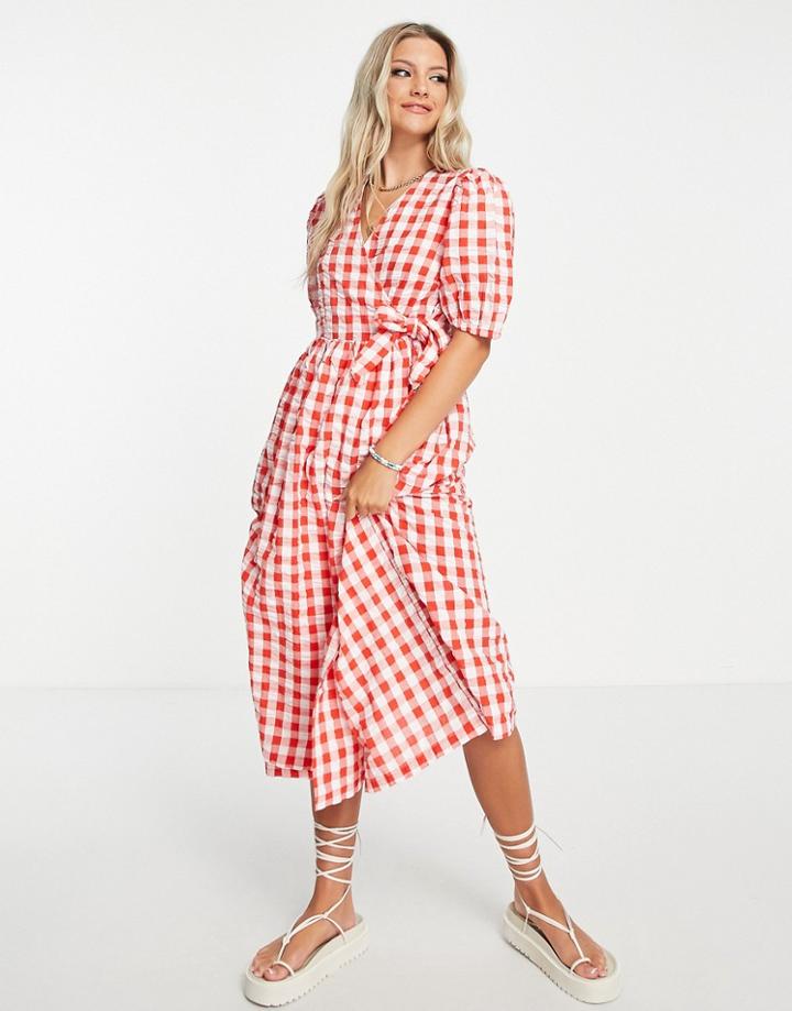 Monki Seersucker Wrap Smock Midi Dress In Red Gingham-multi