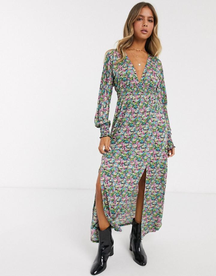 Asos Design Maxi Dress With Shirred Waist In Floral Print-multi