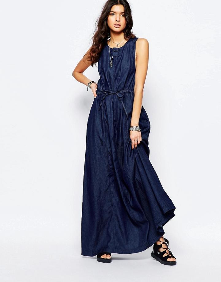 G-star Denim Maxi Dress With Tie Waist - Blue