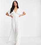 Asos Design Petite Recycled Flutter Sleeve Maxi Beach Dress In White
