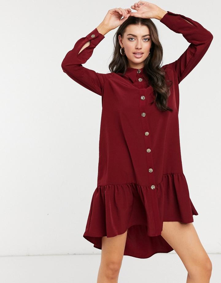 River Island Gathered Hem Mini Shirt Dress In Red