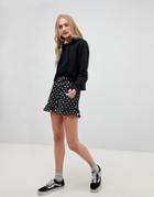 Daisy Street High Waist Shorts With Ruffle Hem In Spot - Black