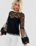 Little Mistress Lace Top With Statement Sleeve In Black - Black