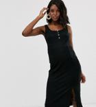 Asos Design Maternity Rib Midi Dress With Button Detail-black
