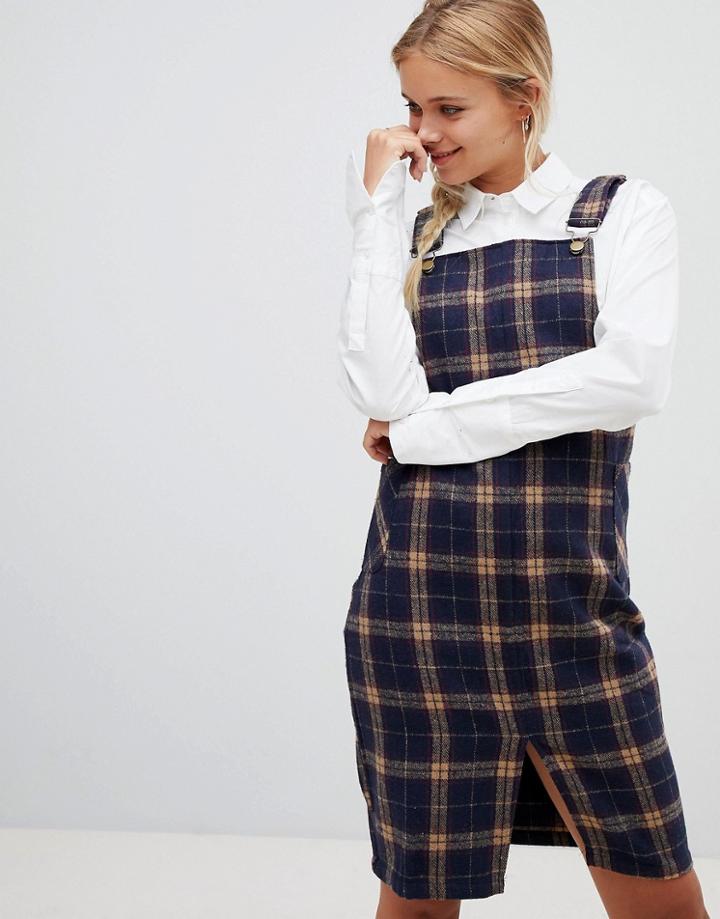 Qed London Check Overall Dress - Navy