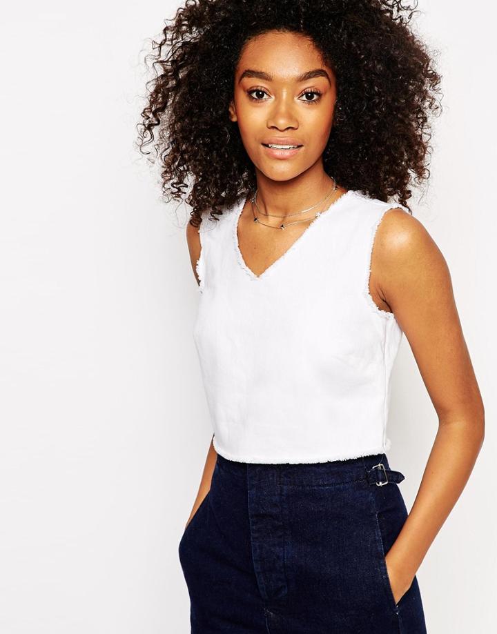 Asos Denim Cropped V Neck Raw Hem Top In White - White