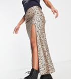 Topshop Tall Satin Split Midi Skirt In Animal-neutral