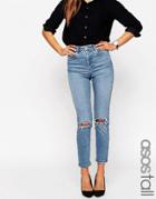 Asos Tall Farleigh Slim Mom Jeans In Prince Light Wash With Busted Knees - Blue