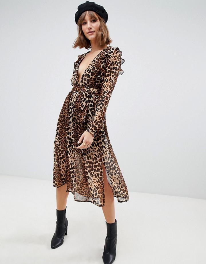 Glamorous Midi Dress With Tie Waist And Split Front In Leopard Print-brown