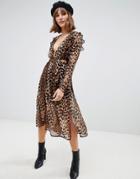 Glamorous Midi Dress With Tie Waist And Split Front In Leopard Print-brown
