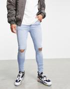 Asos Design Spray On Jeans With Powerstretch In Light Wash Blue With Knee Rips-blues