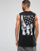 Asos Longline Sleeveless T-shirt With Flag Back Print And Stepped Hem - Black