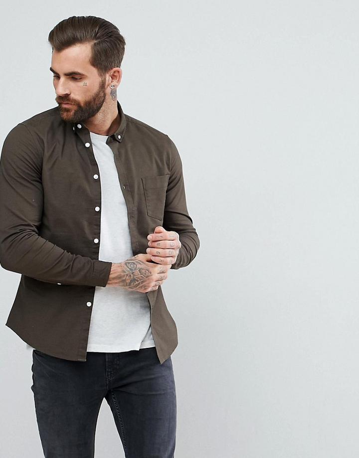 Asos Casual Stretch Slim Oxford In Khaki - Green