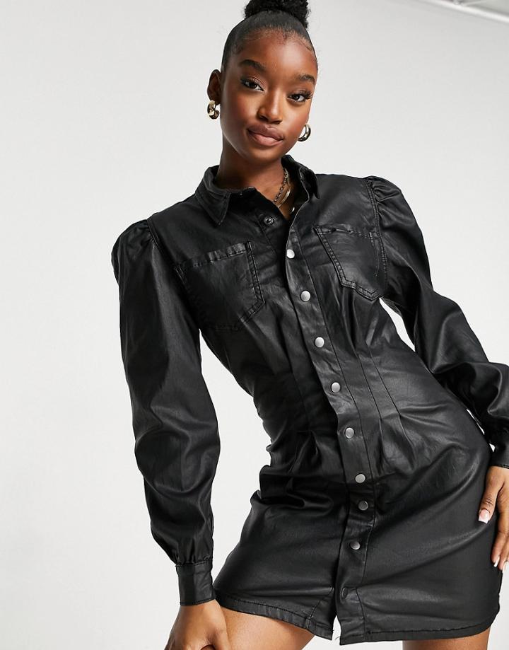 Missguided Denim Shirt Dress With Cinched Waist In Black