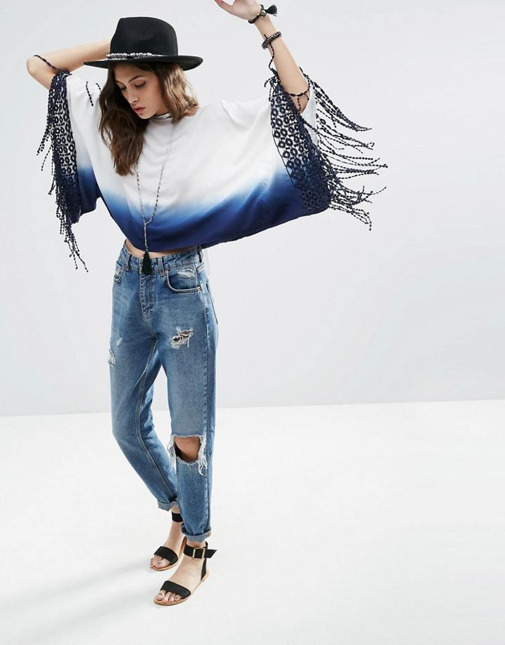 Asos Dip Dye Open Back Cape With Lace Fringe - Blue