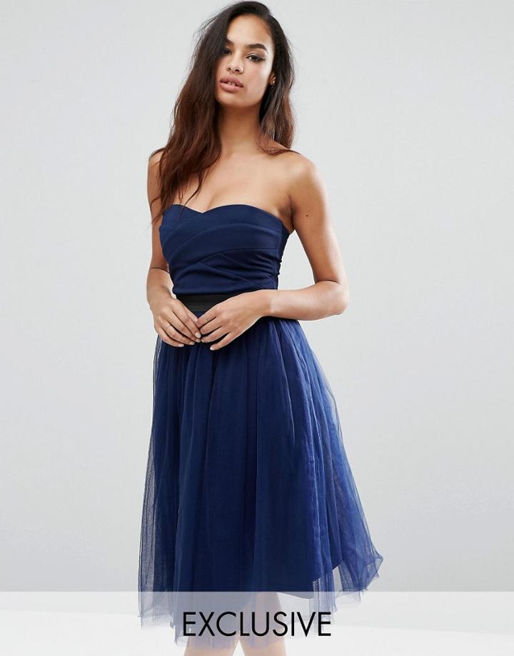 Rare London Strapless Midi Dress With Tulle Skirt - Navy
