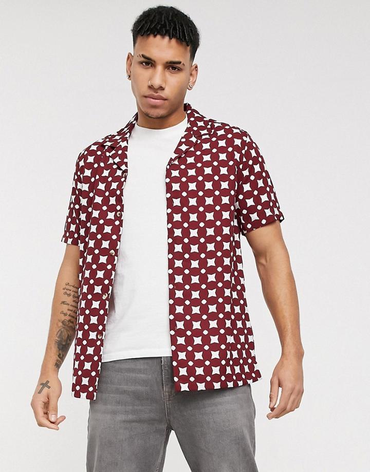 Asos Design Regular Fit Shirt In Burgundy Geo Print-red