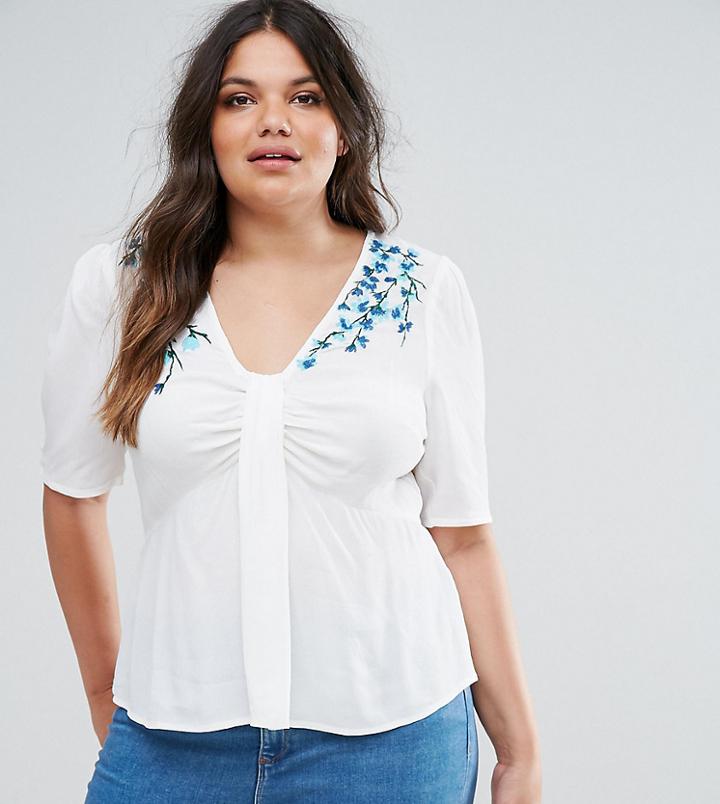 Asos Curve Embroidered Tea Blouse With Knot Detail - Cream