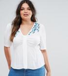 Asos Curve Embroidered Tea Blouse With Knot Detail - Cream