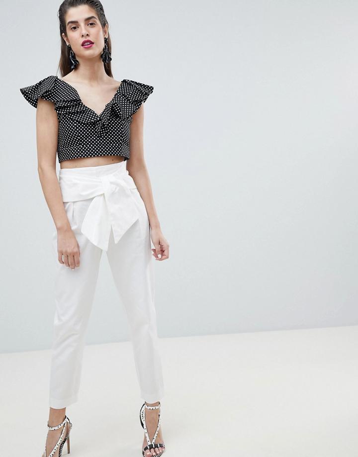 River Island High Waist Tie Front Peg Pants-white