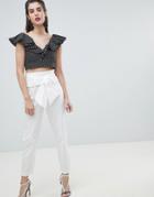 River Island High Waist Tie Front Peg Pants-white