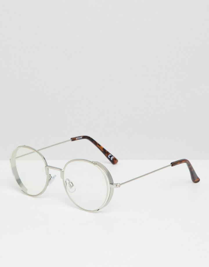 Asos Design Round Glasses In Brushed Silver Metal With Side Cap Detail - Silver