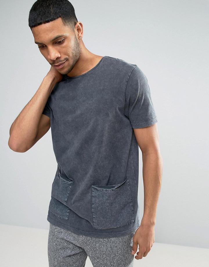 Asos Longline T-shirt With Woven Pockets And Acid Wash - Gray