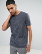 Asos Longline T-shirt With Woven Pockets And Acid Wash - Gray