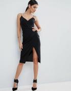 Asos Slinky Midi Dress With Wrap Skirt - Black