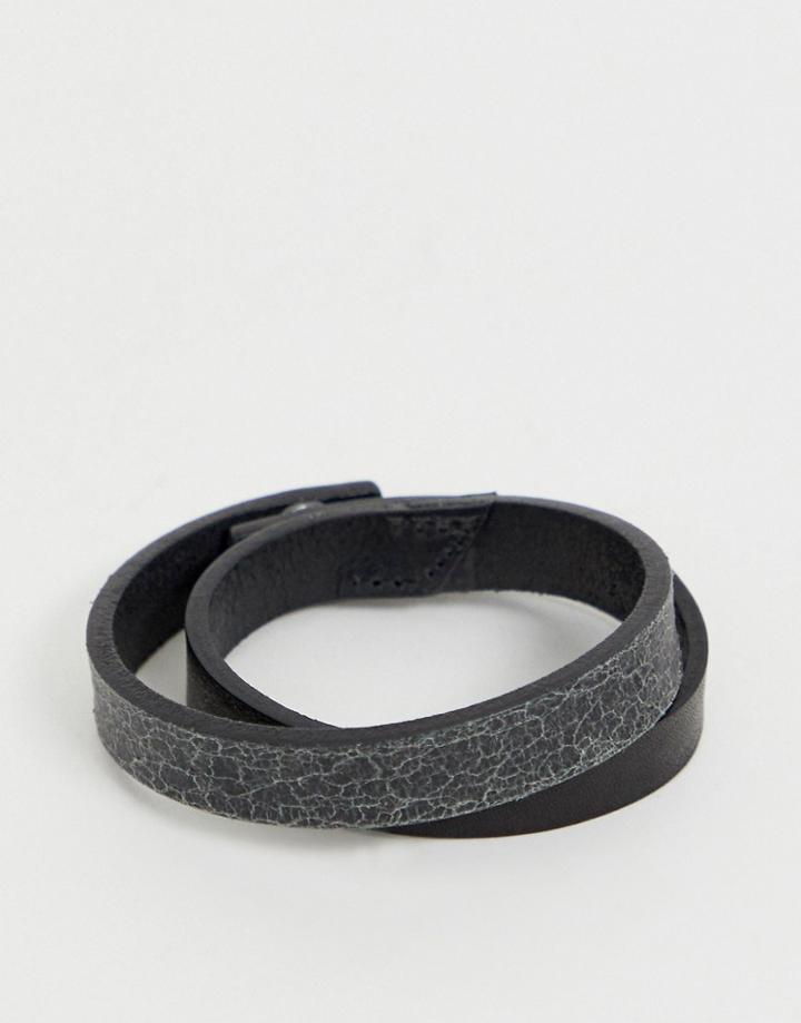 Diesel Leather Wrap Around Bracelet In Black - Black