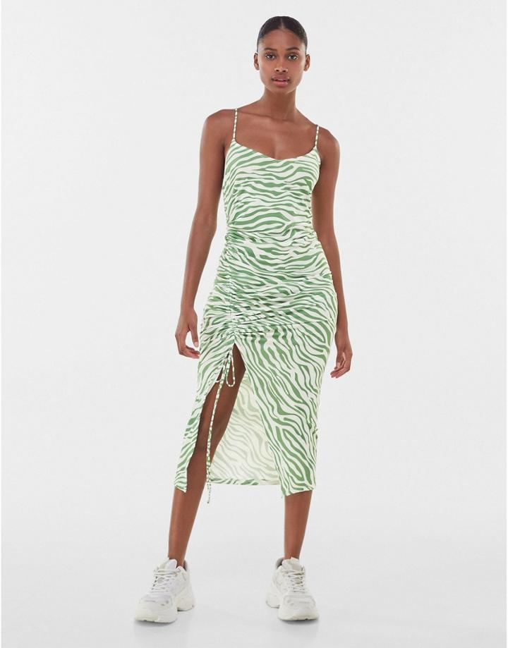 Bershka Strappy Dress With Ruching In Khaki Zebra Print-green