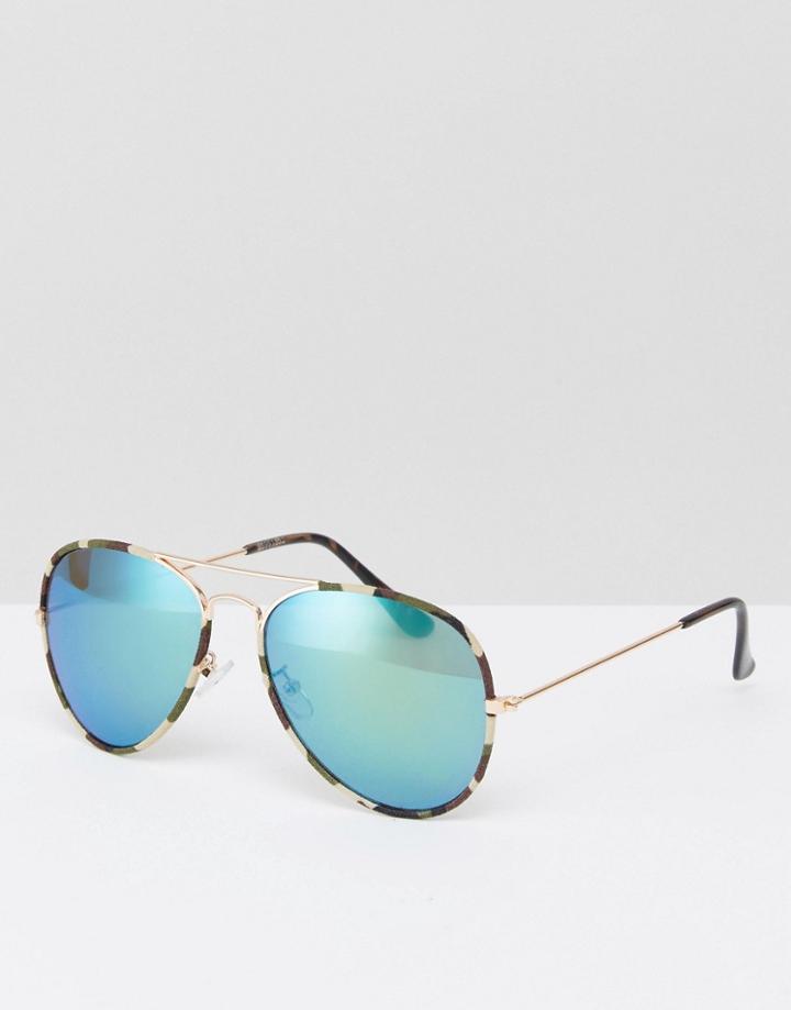Asos Aviator Sunglasses In Camo Wrap With Green Mirror Lens - Green